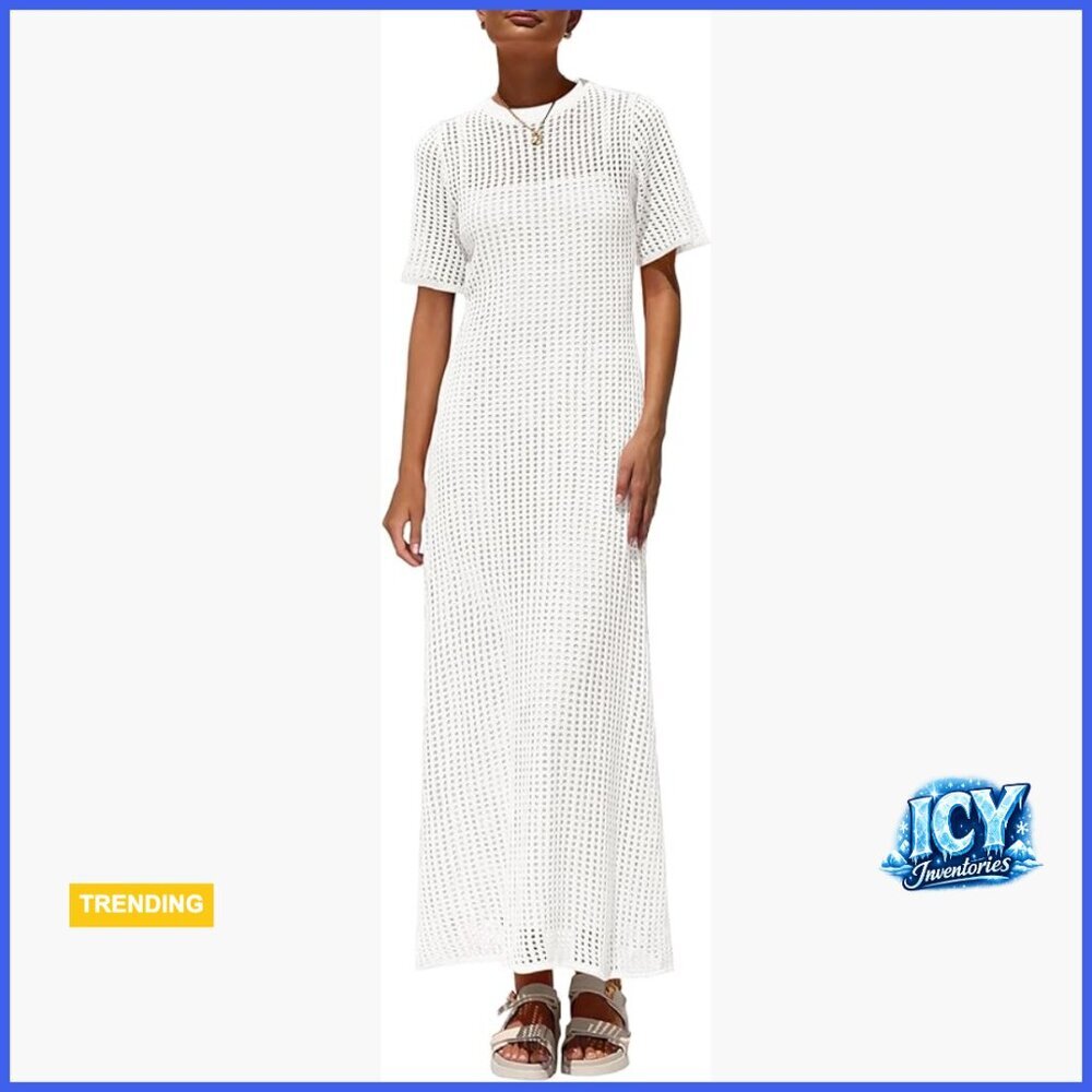 Eyelet Cover Up Dress Hollow Out Maxi Sundress Short Sleeve